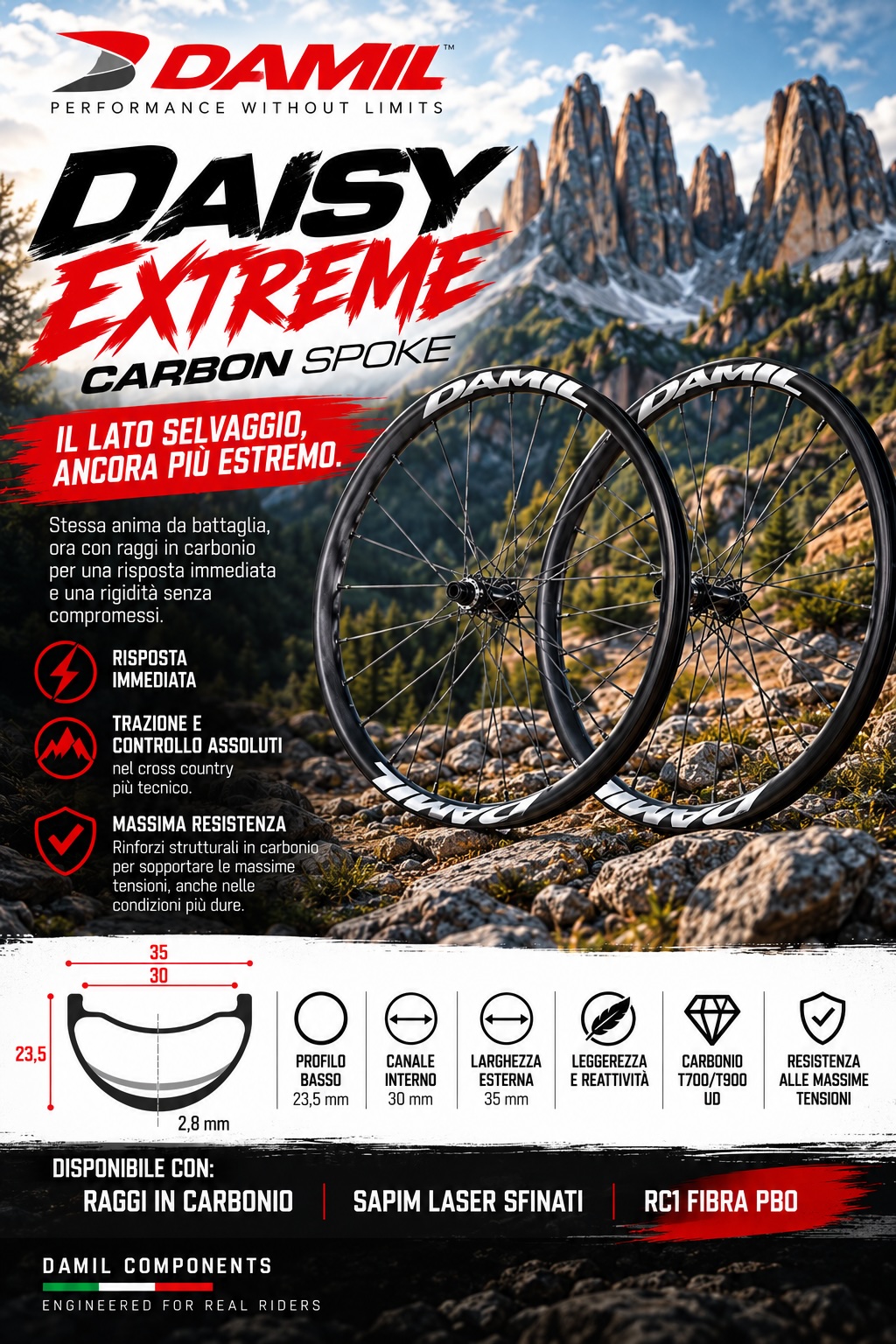 Daisy Extreme Carbon Spoke: ruote per cross country con profilo da 23,5 mm e canale interno da 30 mm